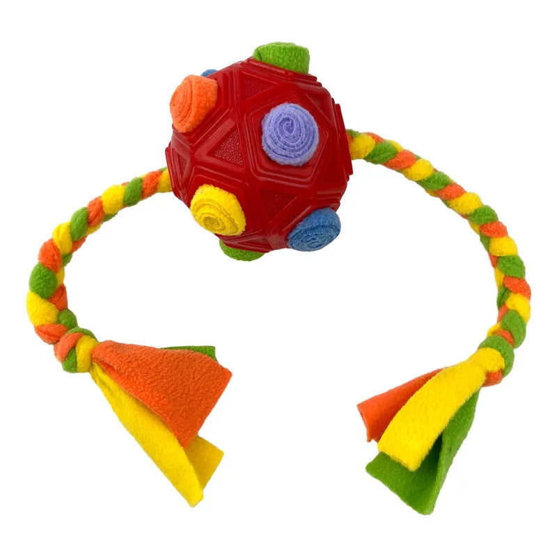 Bite-resistant rubber dog puzzle snuffle ball for treat dispensing and IQ training in multiple colours
