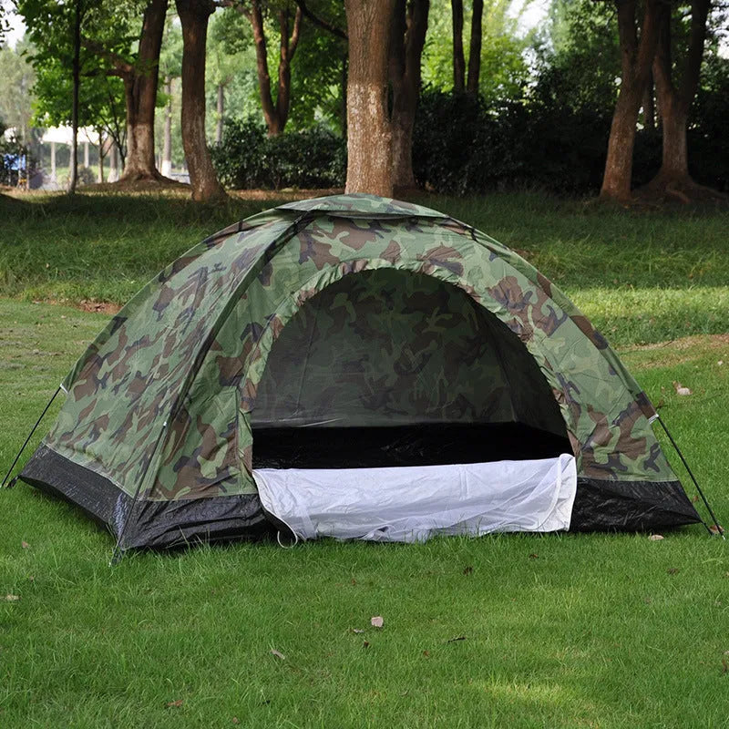Double camouflage outdoor camping tent with triangular skylight and steel ground nails