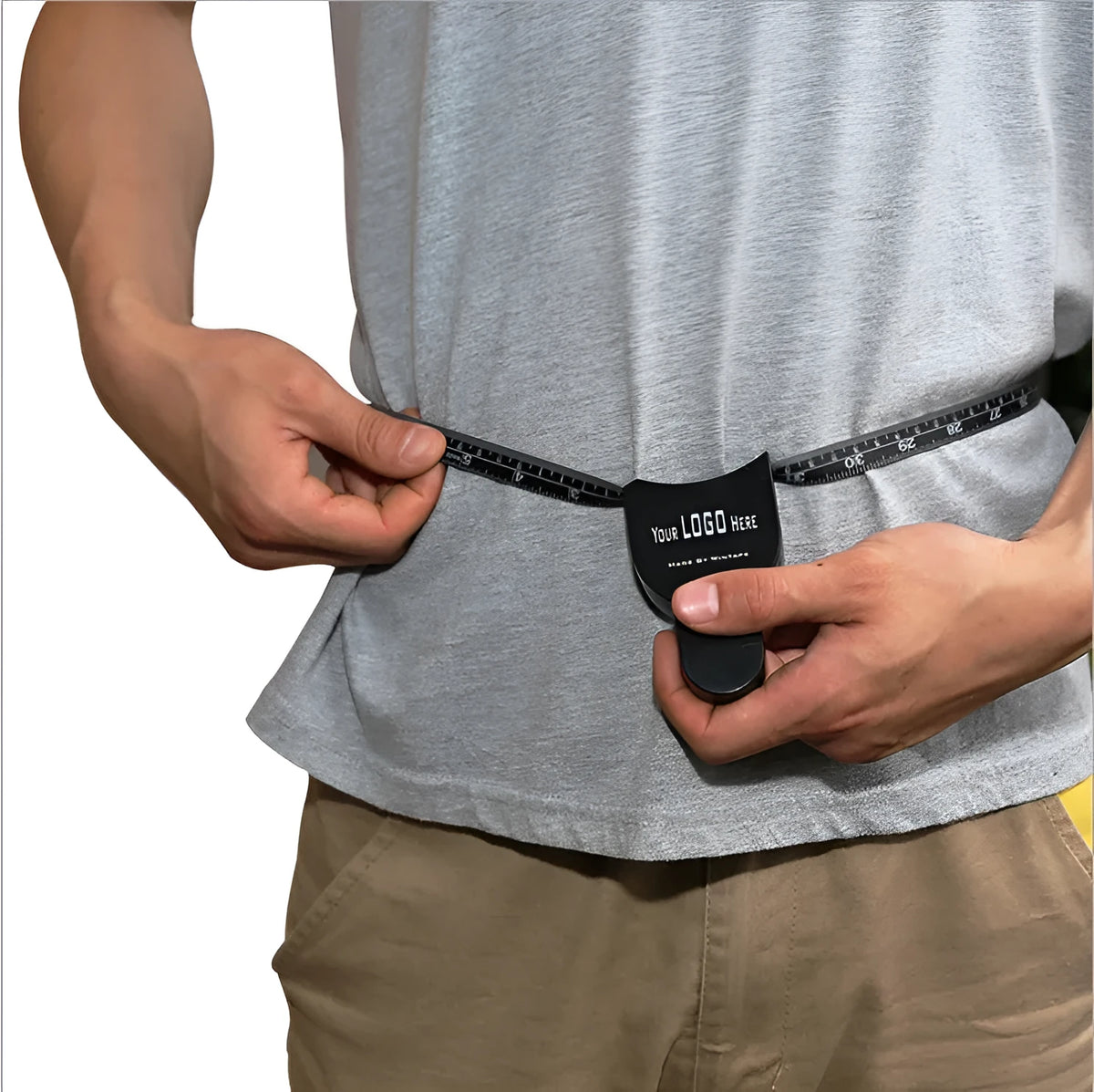 Black ABS plastic body fat caliper with measurement scale and a retractable measuring tape.