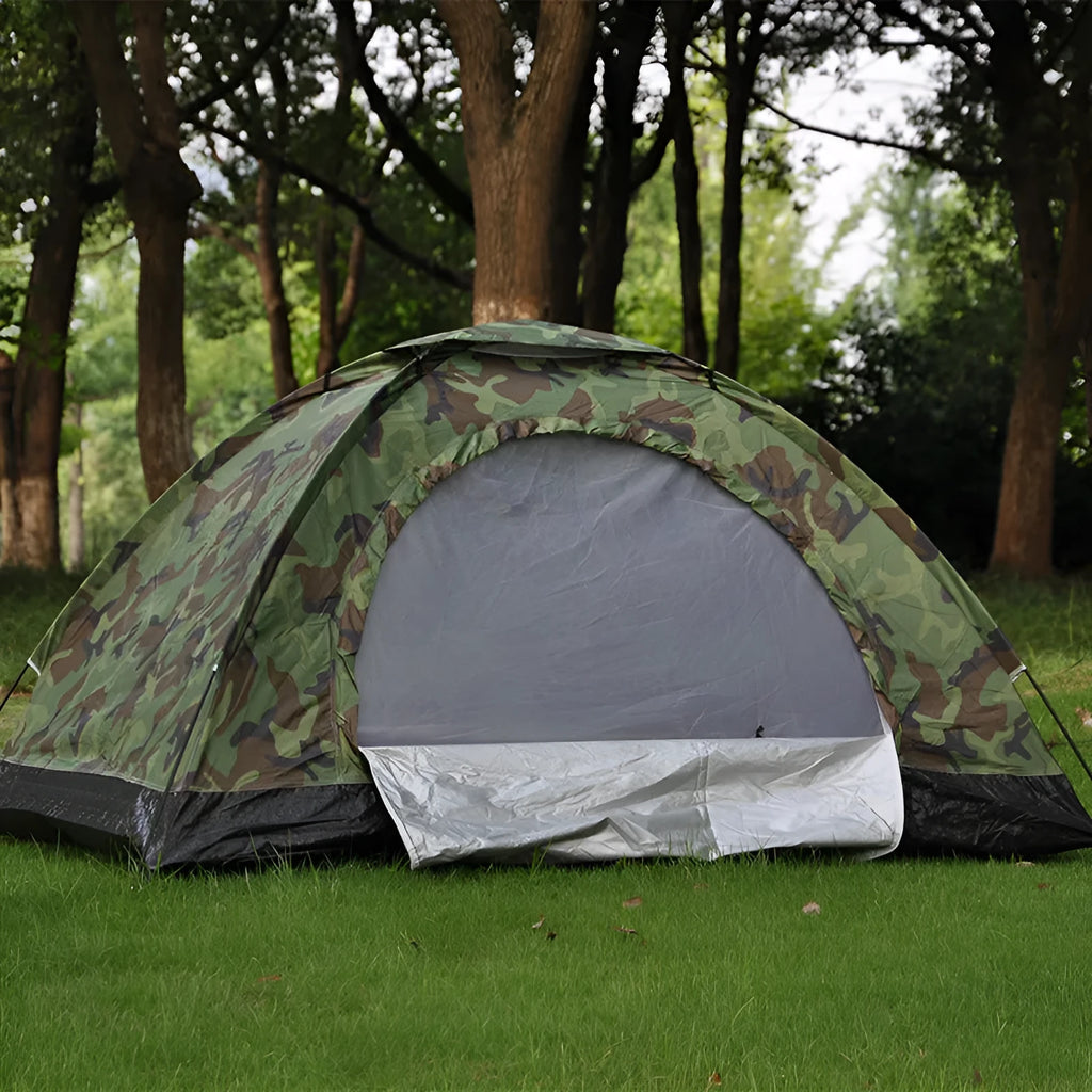 Double camouflage outdoor camping tent with triangular skylight and steel ground nails