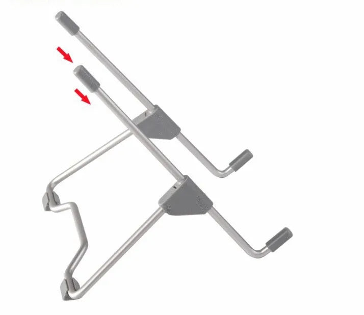Grey foldable aluminium alloy and plastic laptop and phone stand shown in open and closed positions.