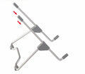 Grey foldable aluminium alloy and plastic laptop and phone stand shown in open and closed positions.