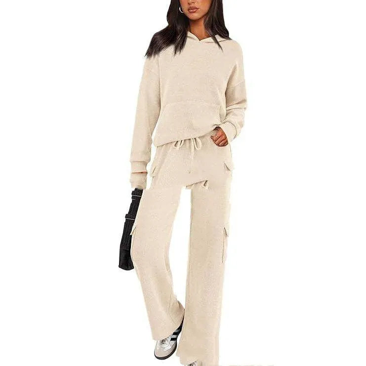 Women's black polyester leisure sports suit set with long sleeves and full-length trousers