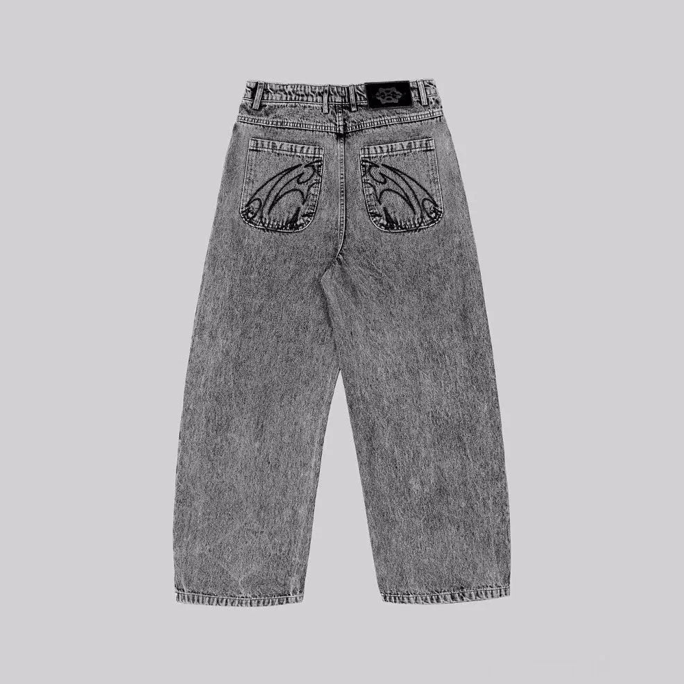 Grey loose straight-leg cotton denim trousers with mid waist design on hanger