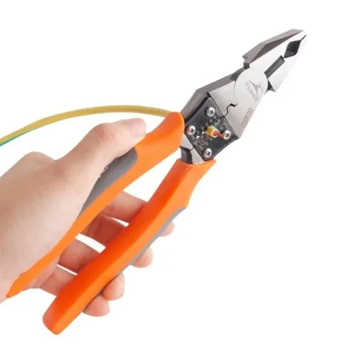 Orange handled 9-inch multi-function wire cutter pliers with chrome steel clamp head.