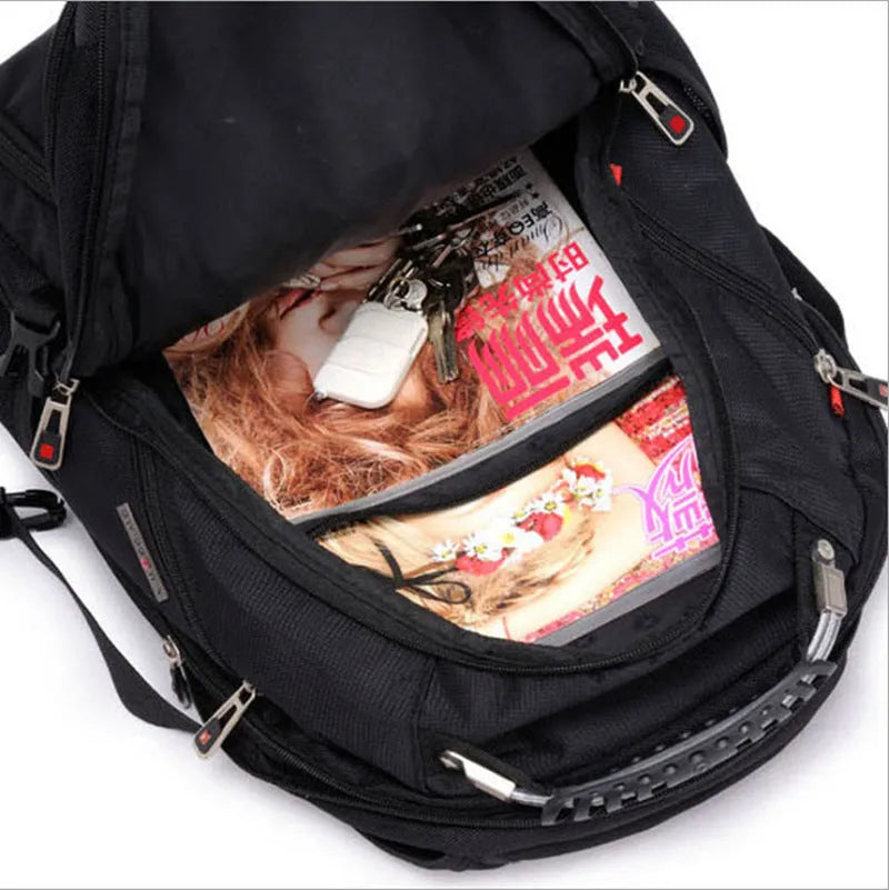 Black business computer backpack showing three compartments and side mesh pockets