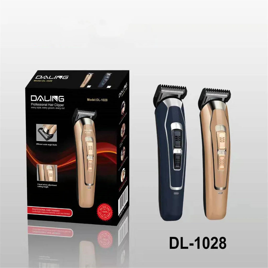 Dark blue rechargeable electric hair clipper with stainless steel blades on a white background