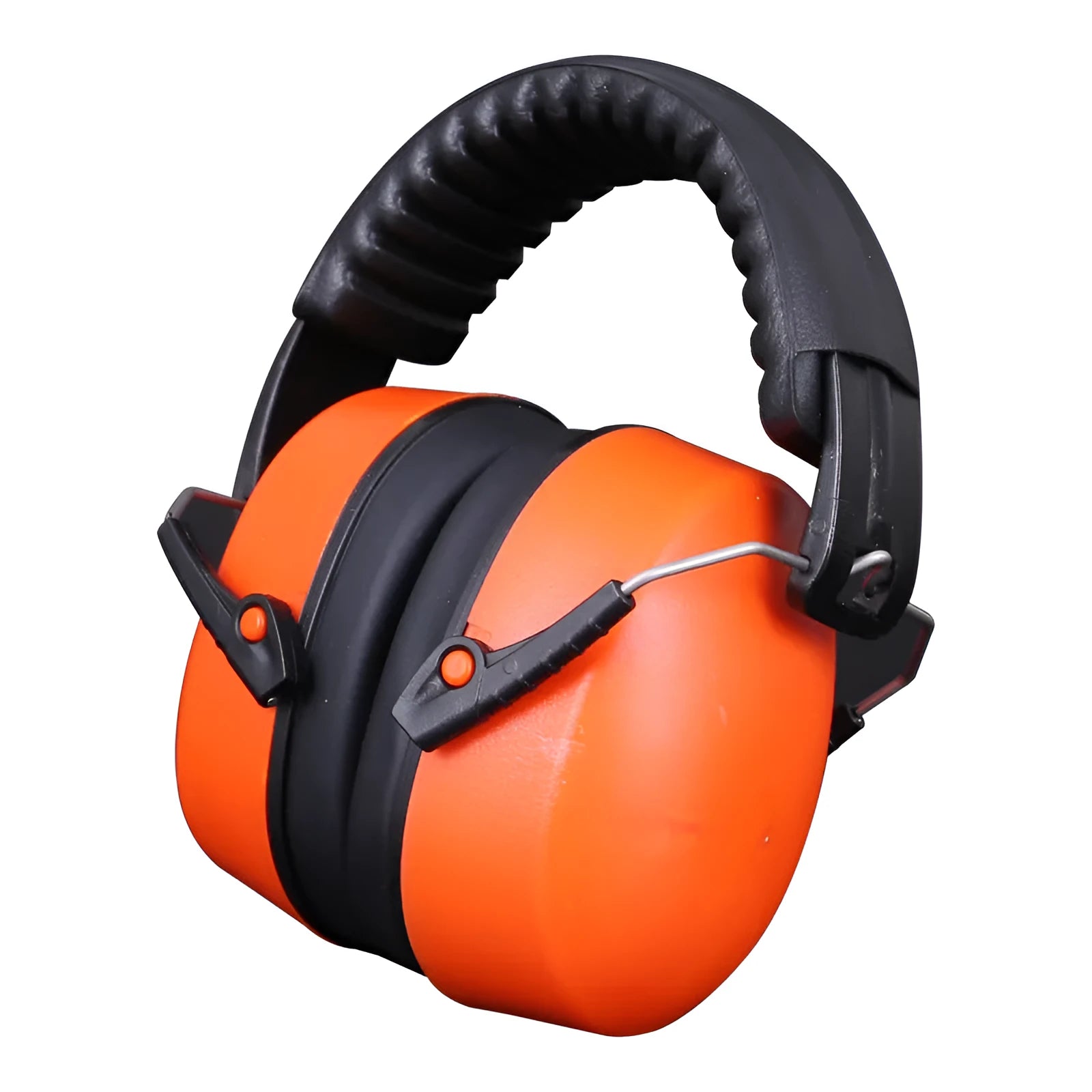Orange noise-cancelling headphones and protective earmuffs with adjustable headband and fabric ear cushions.