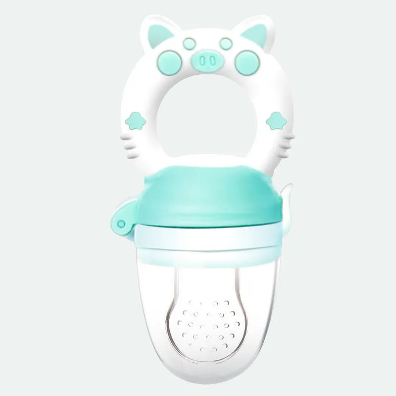 Silicone baby teether with textured mouthpieces in blue, green, or pink colour options