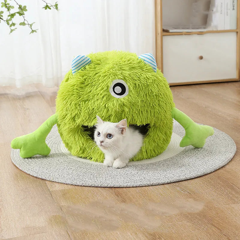 Round fluffy cat bed with non-slip bottom in three size options for indoor pets