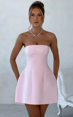 Women's solid colour backless tube dress with A-line skirt on a hanger.