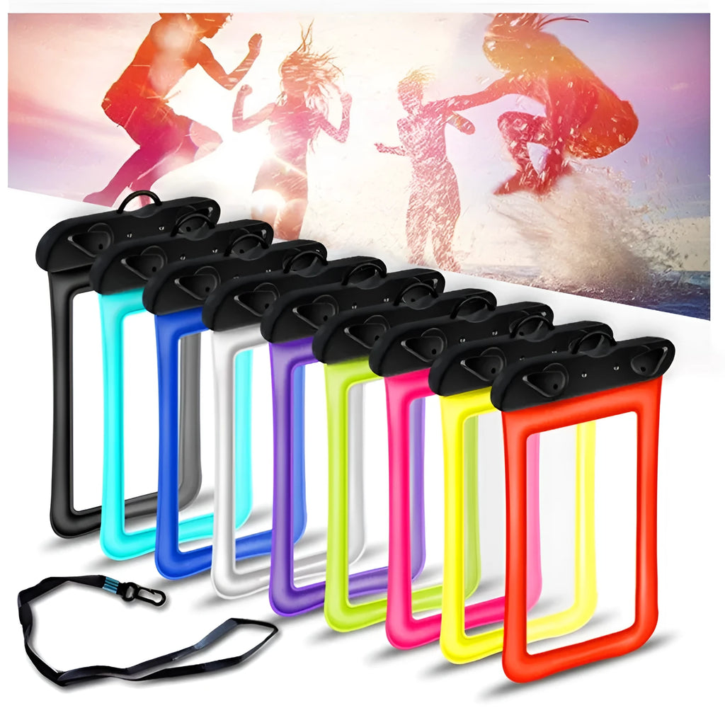 Orange waterproof phone pouch with double airbag seal and 45cm carrying rope