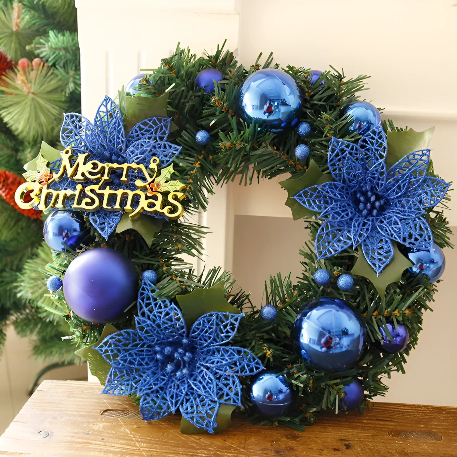 30cm multicolour plastic Christmas wreath with traditional foliage design for door decoration