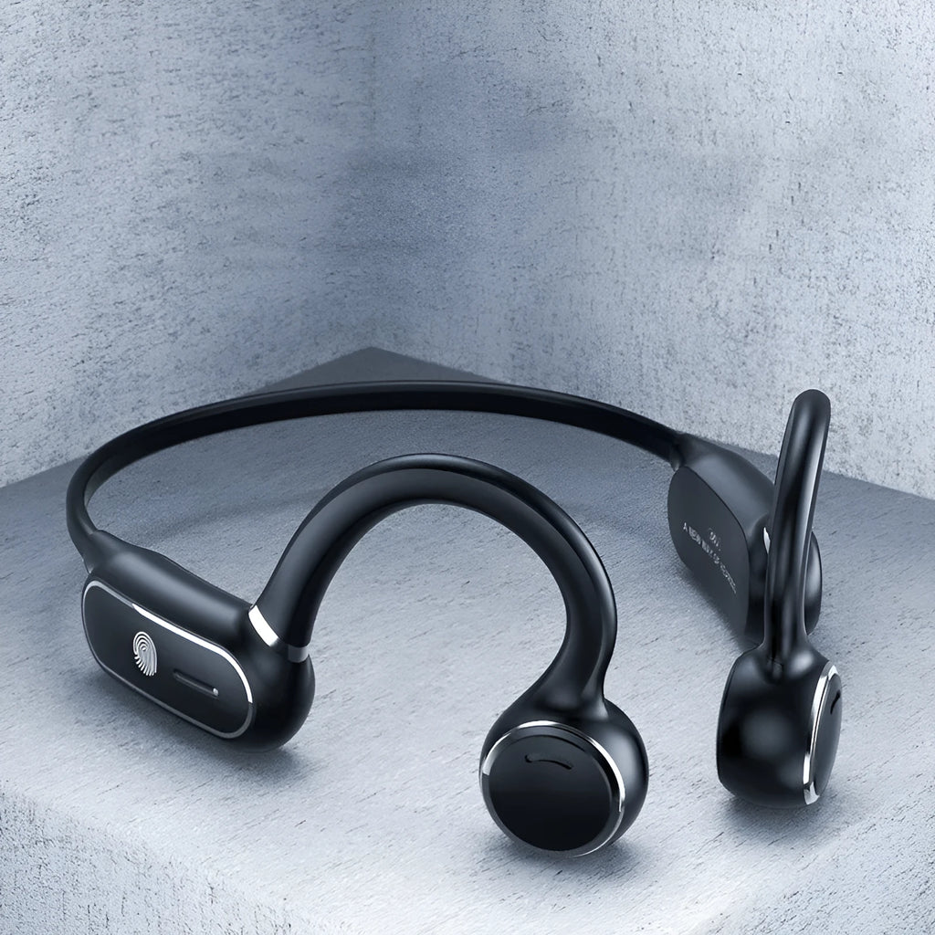 Open-ear Bluetooth wireless headphones with titanium frame in black and white colour options