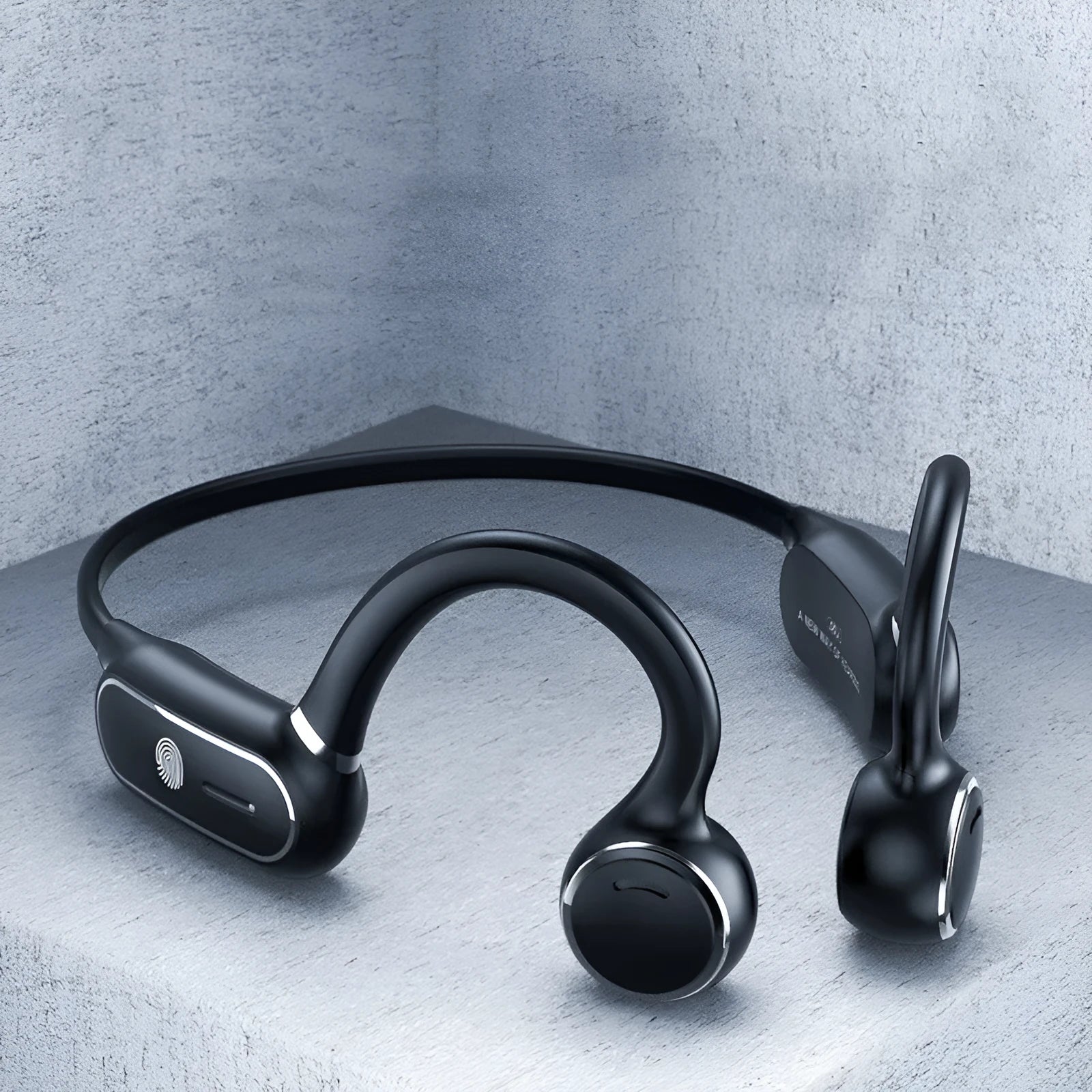 Open-ear Bluetooth wireless headphones with titanium frame in black and white colour options
