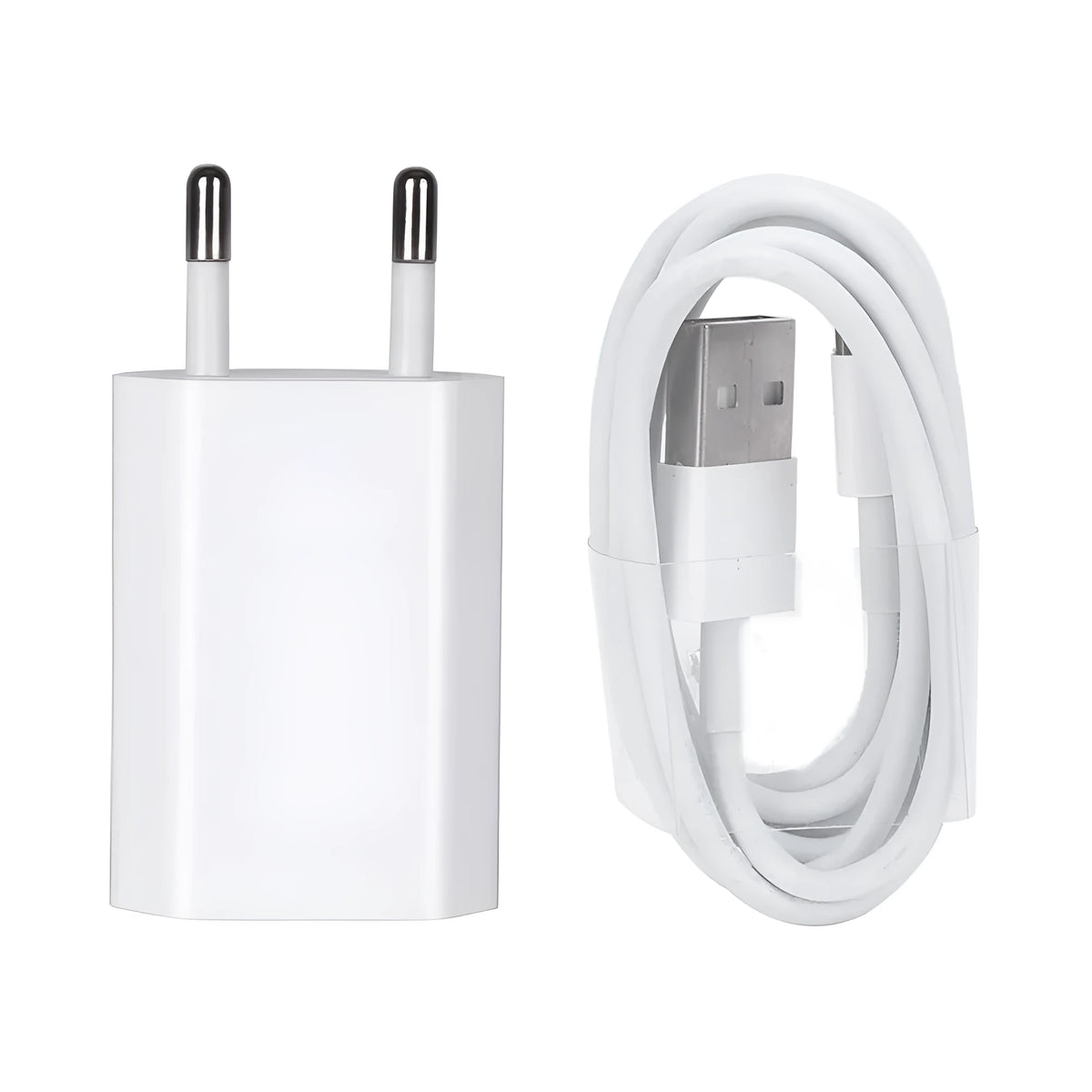White 5V 2A USB travel charger and Lightning cable for iPhone and iPad on a wooden table.