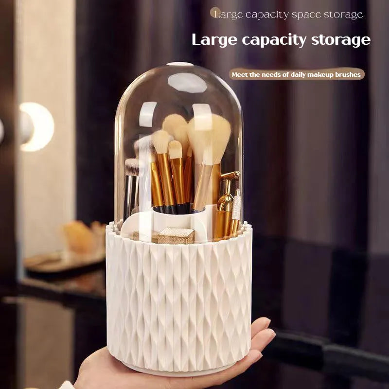 White rotating acrylic makeup brush storage box with transparent cover and split compartments
