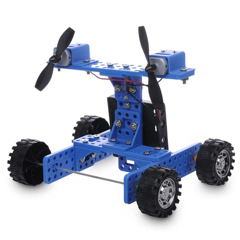 Blue DIY model toy wind car, ordinary wheel No. 35, physics experiment kit for ages 7 to 12
