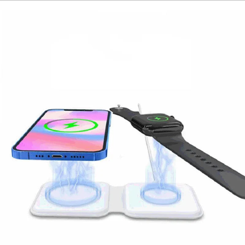 White folding magnetic wireless charger showing angled stand position with phone charging