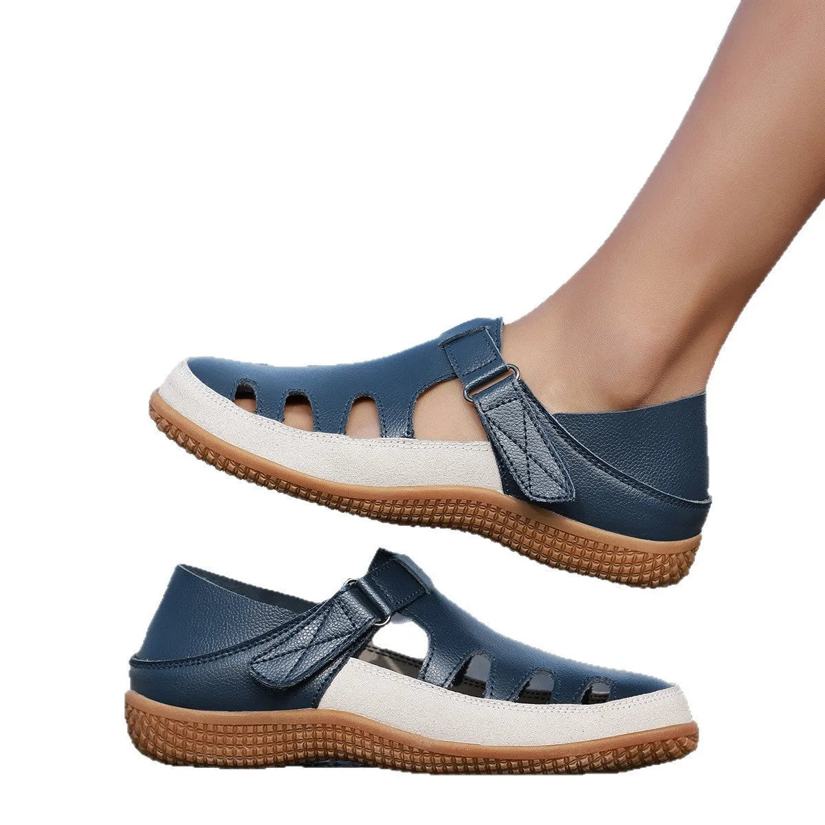 Plus size women's flat heel sandals with hollow breathable design and thick rubber sole
