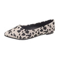 Women's leopard print flat pointed toe pumps with low heel on a rubber sole.