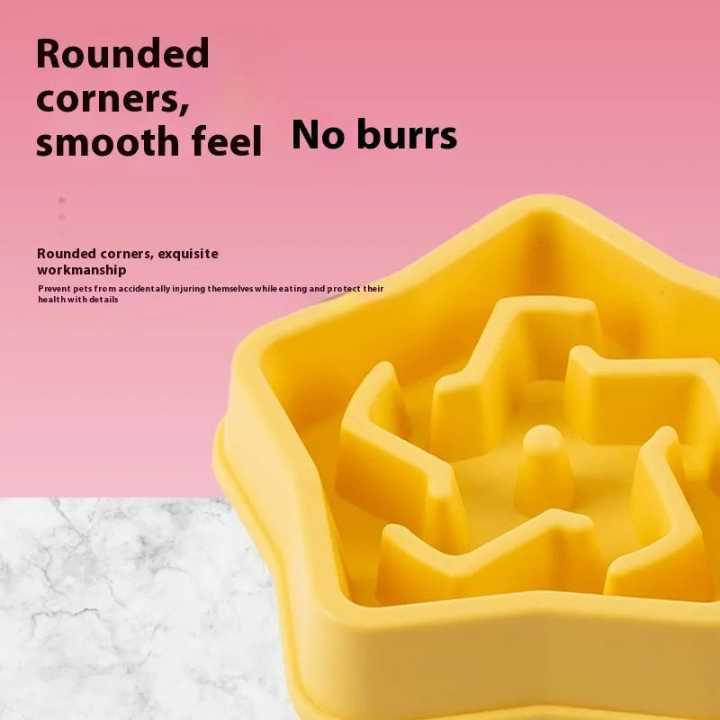 Yellow plastic slow feed dog bowl with raised internal ridges measuring 20.1 cm across