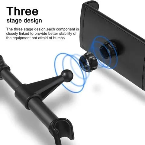 Black plastic universal car phone holder mounted on a car rear seat base.