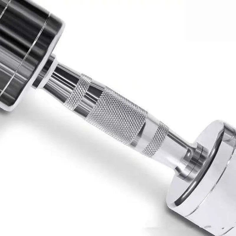Silver pure steel electroplated dumbbell with ergonomic handle on a neutral background.