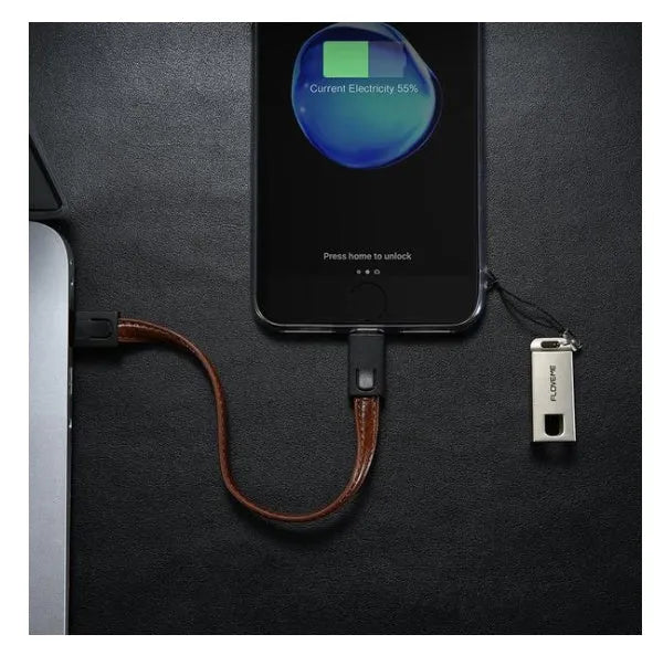 Red leather and zinc alloy braided USB C to Apple Lightning charging cable, 20cm long.