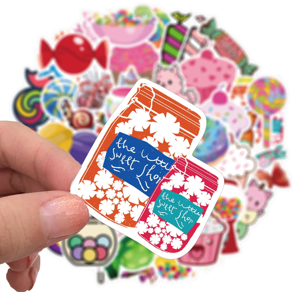 Pack of 50 pink candy-themed graffiti and cartoon stickers on a white background.