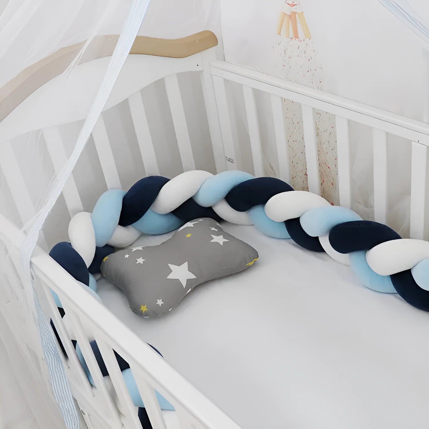 Baby crib bumper in crystal velvet with braid knot design showing flexible length options for cot protection