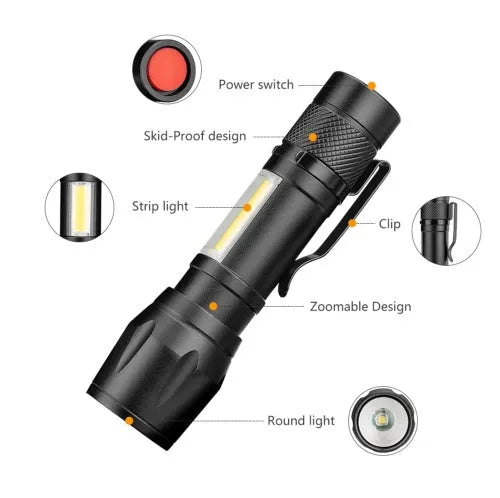 Black aluminium alloy telescopic LED flashlight with zoom adjustment and clip for portable use