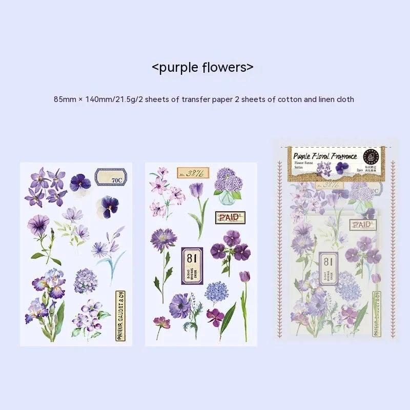 Huazhisen forest art deco sticker pack showing six 85x180mm designs with transfer paper and cotton linen sheets