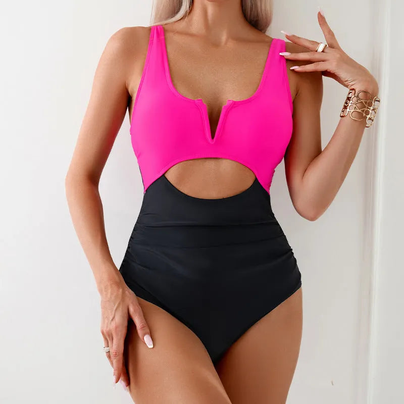 Women's nylon one-piece swimsuit in green, black, dark pink, or brown colour options, sizes S M L XL