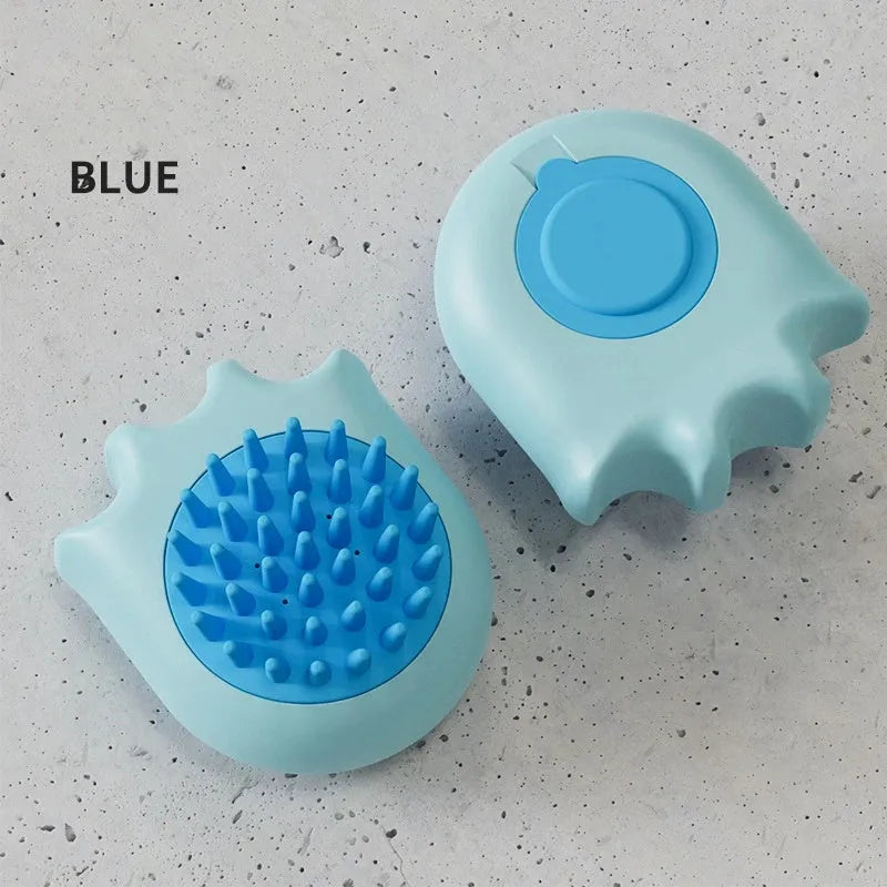 Pet bath brush massage comb with integrated shampoo box for cat and dog washing in blue, orange and yellow colours