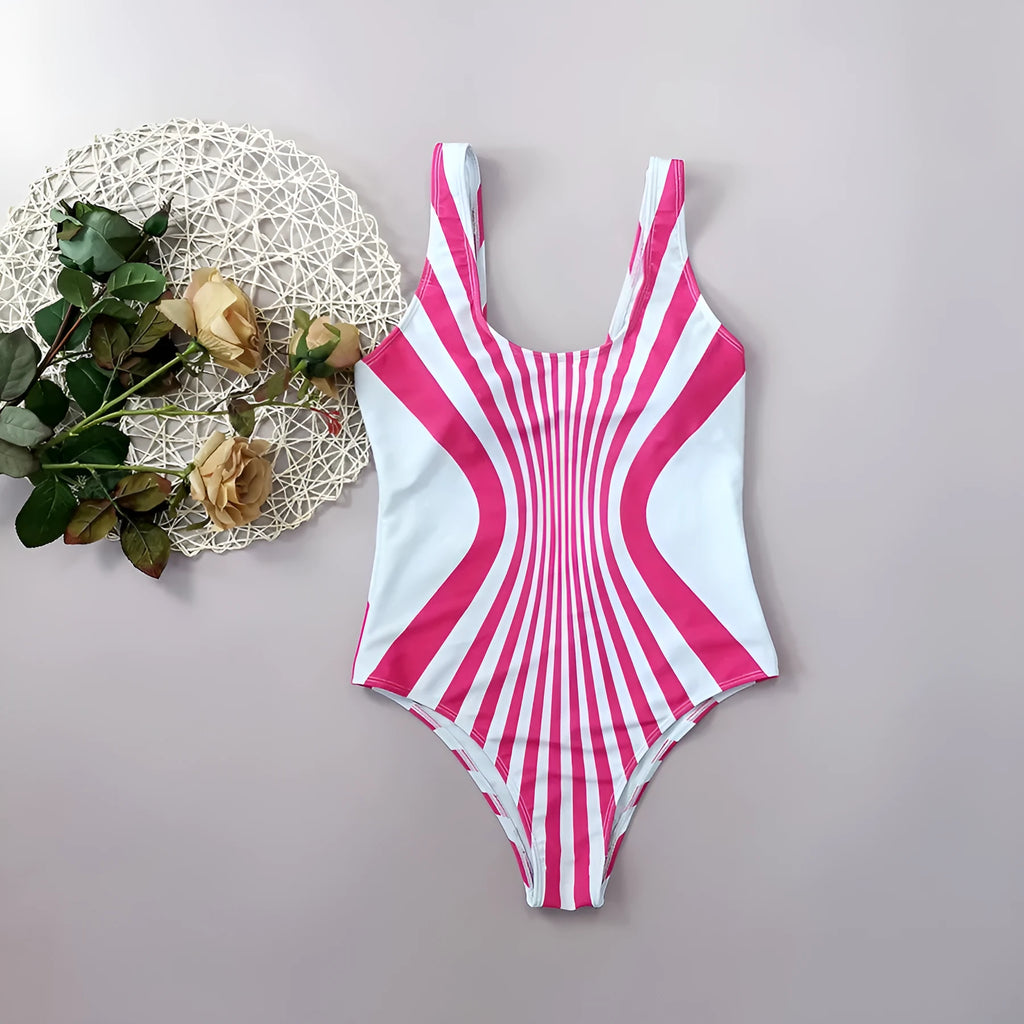 Pink striped women's one-piece swimsuit with digital printing on front and back.