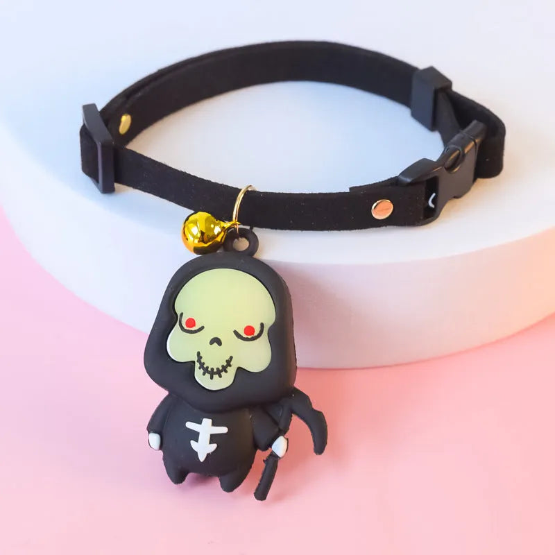 Halloween dog collar decoration showing luminous brat, luminous skull, and pumpkin man patterns with adjustable sizing
