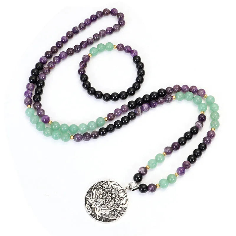 Dongling Long handmade stone bead necklace with alloy lotus pendant and matching bracelet, adjustable length.