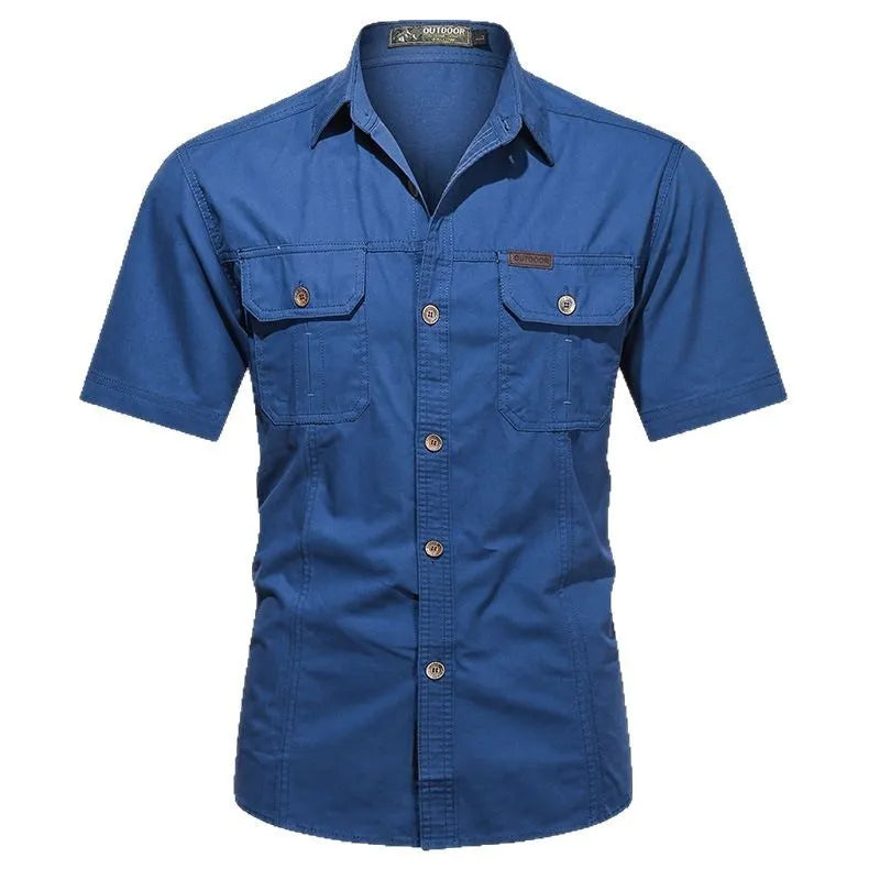 Men's cotton short sleeve work shirt in loose fit with non-iron treatment shown in multiple colour options