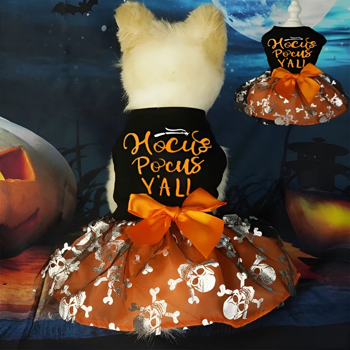 Black Halloween skull pet costume in polyester, princess style, available in sizes S, M, L, and XL for dogs and cats.