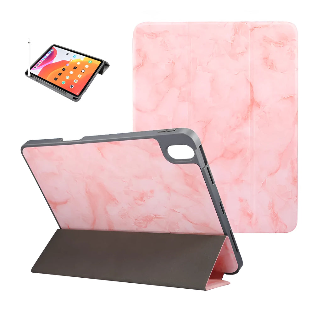 iPad tri-fold marbling imitation leather case with pen slot and card holder in multiple colours.
