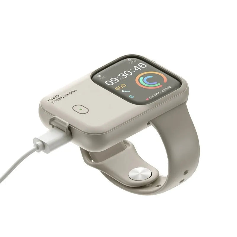 Apple Watch portable charging case in Brown, Midnight Blue, or Starlight colours with 1200mAh battery