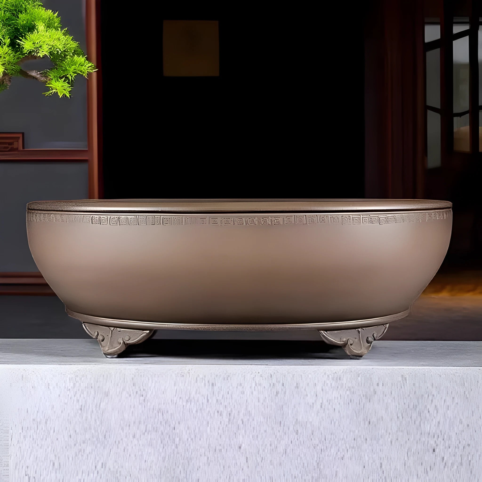 Handmade oval purple sand flowerpot in black mud green, measuring 50x39.5x16cm.