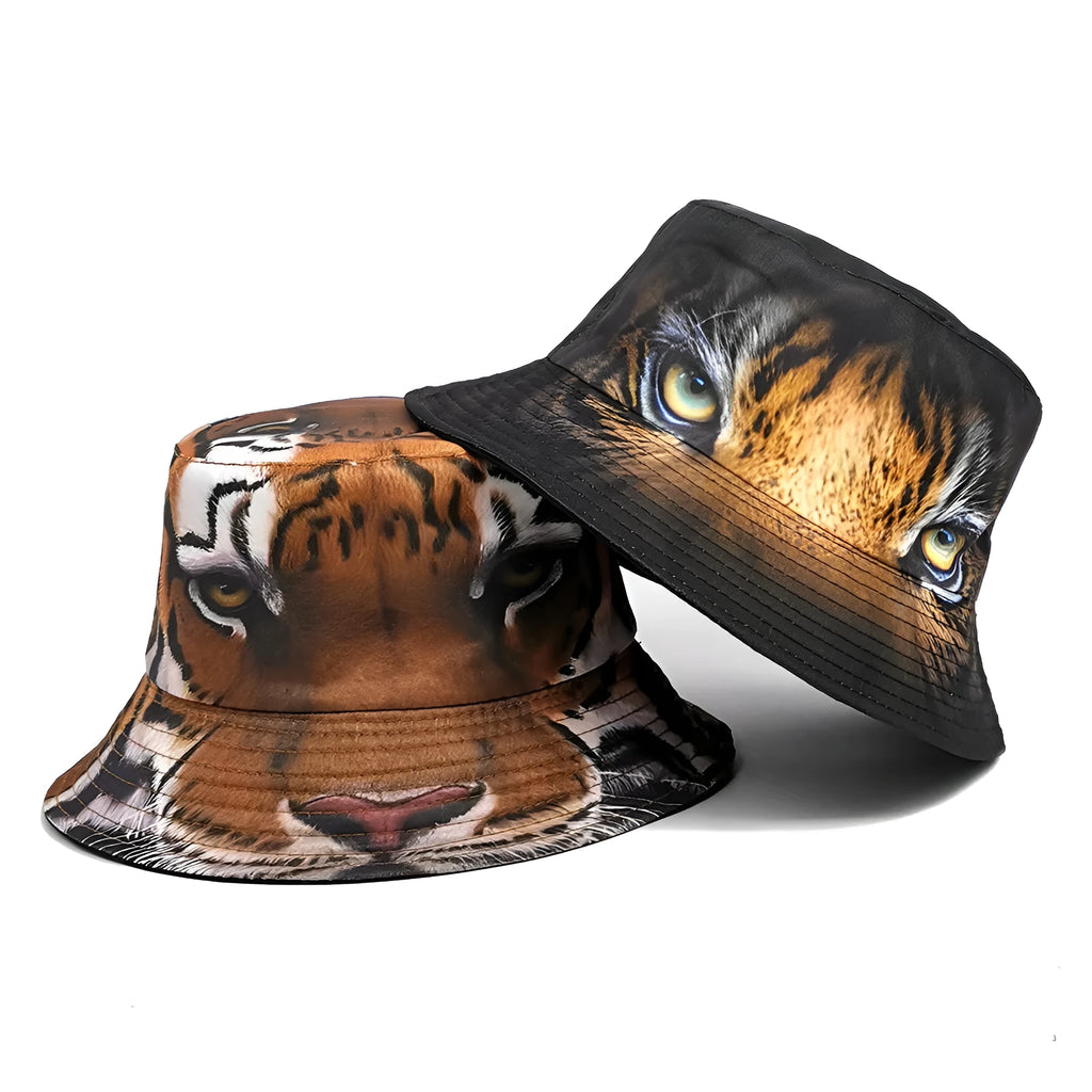 Tiger pattern bucket hat with dome crown in polyester fabric, khaki or black colour options