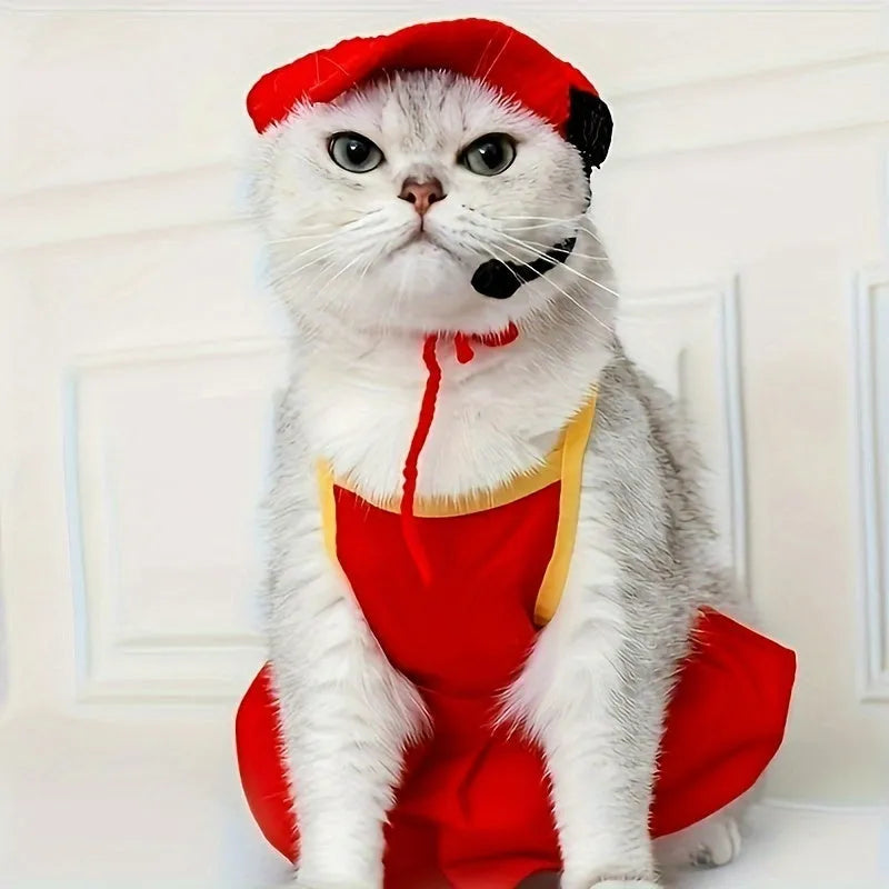 Handmade chef hat and cotton knitted sweater pet costume set for small to medium cats and dogs