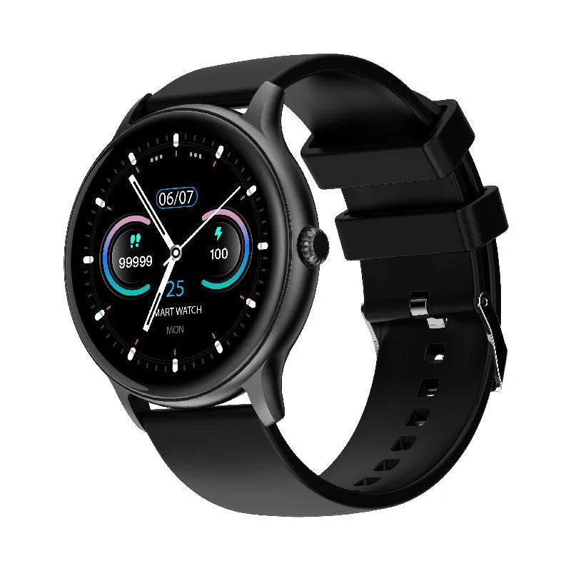 Smart sports watch with colour touch screen displaying health metrics on a silicone wristband.
