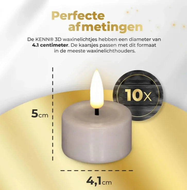 Four taupe S10 3D flame LED tealight candles showing realistic flickering effect