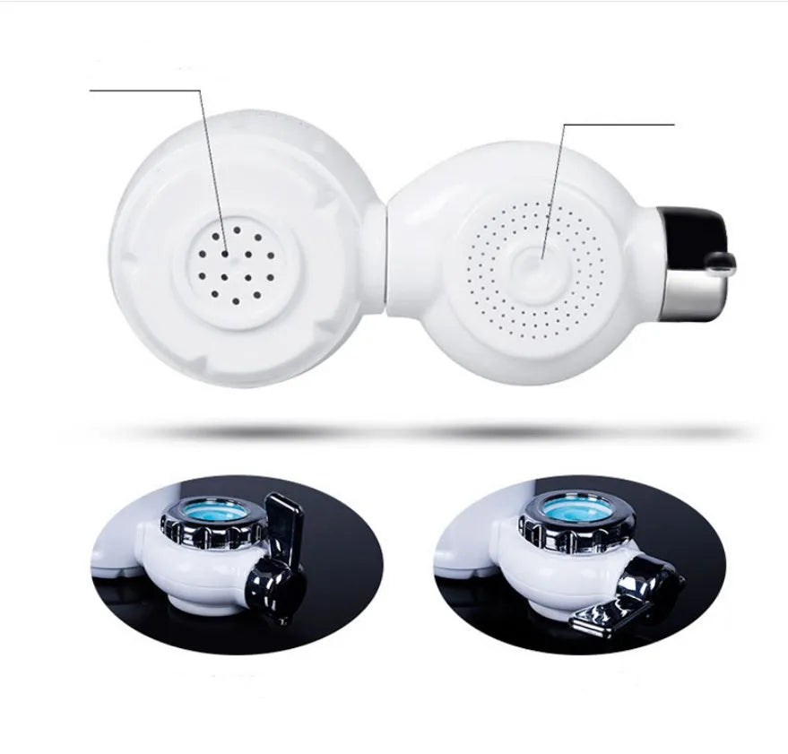 White faucet-mounted water purifier with ceramic filter and adapter kit for kitchen tap installation.