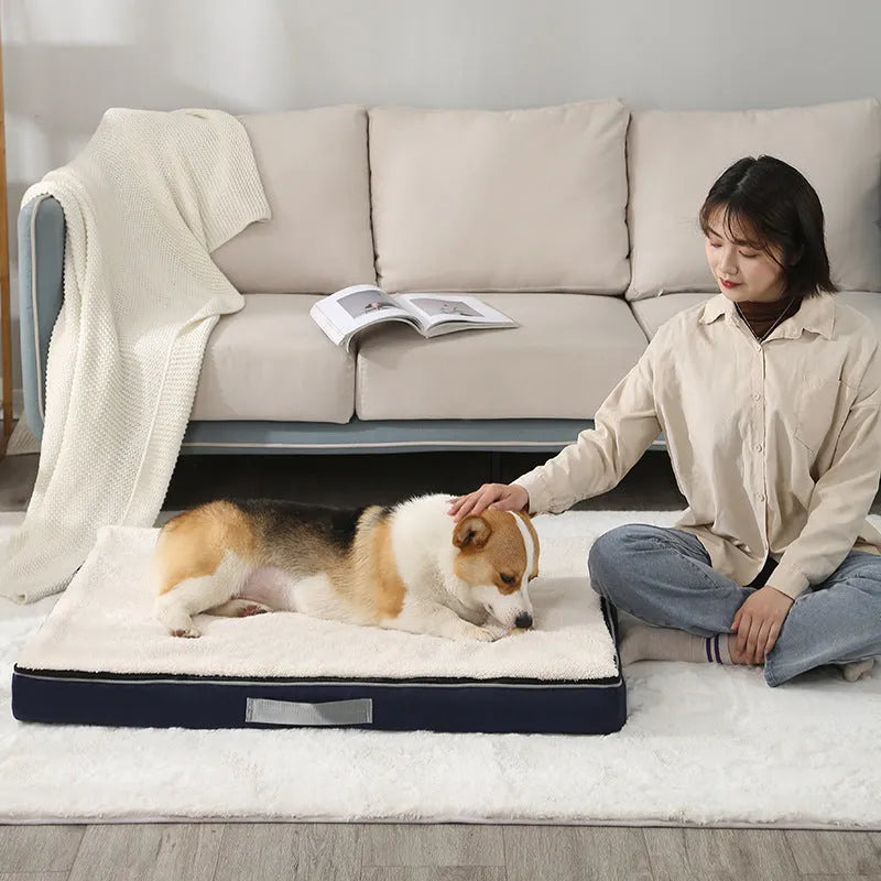 Removable washable memory sponge dog mat in brown, showing size and texture.