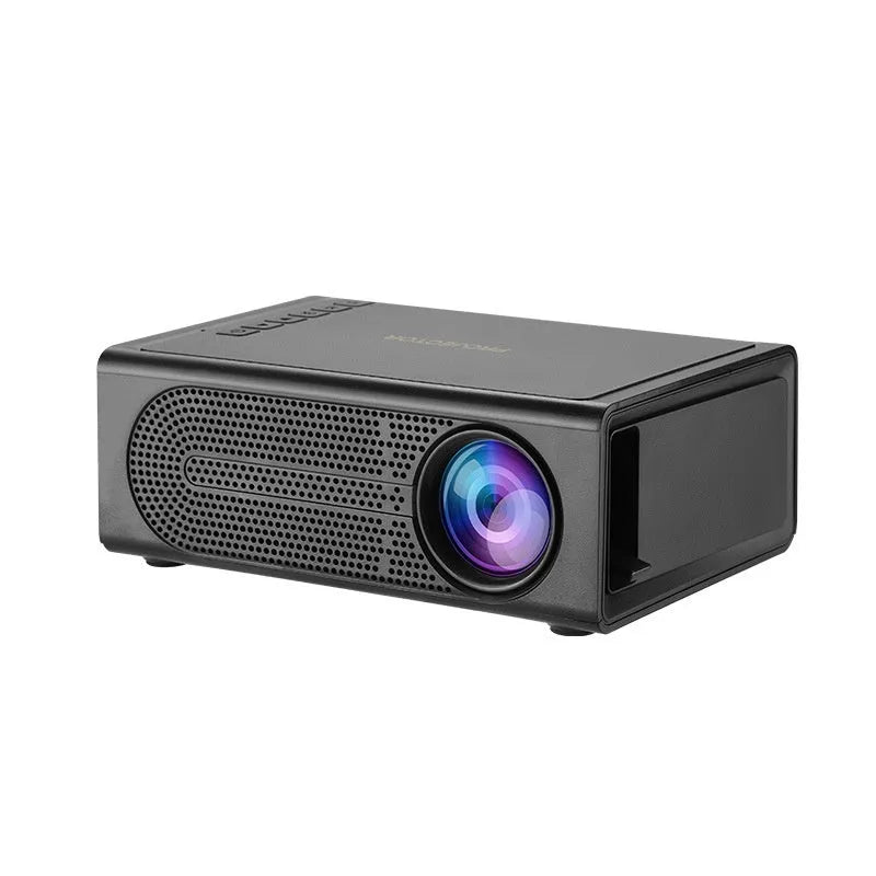 Black portable mini projector with wired mobile connection and power cable